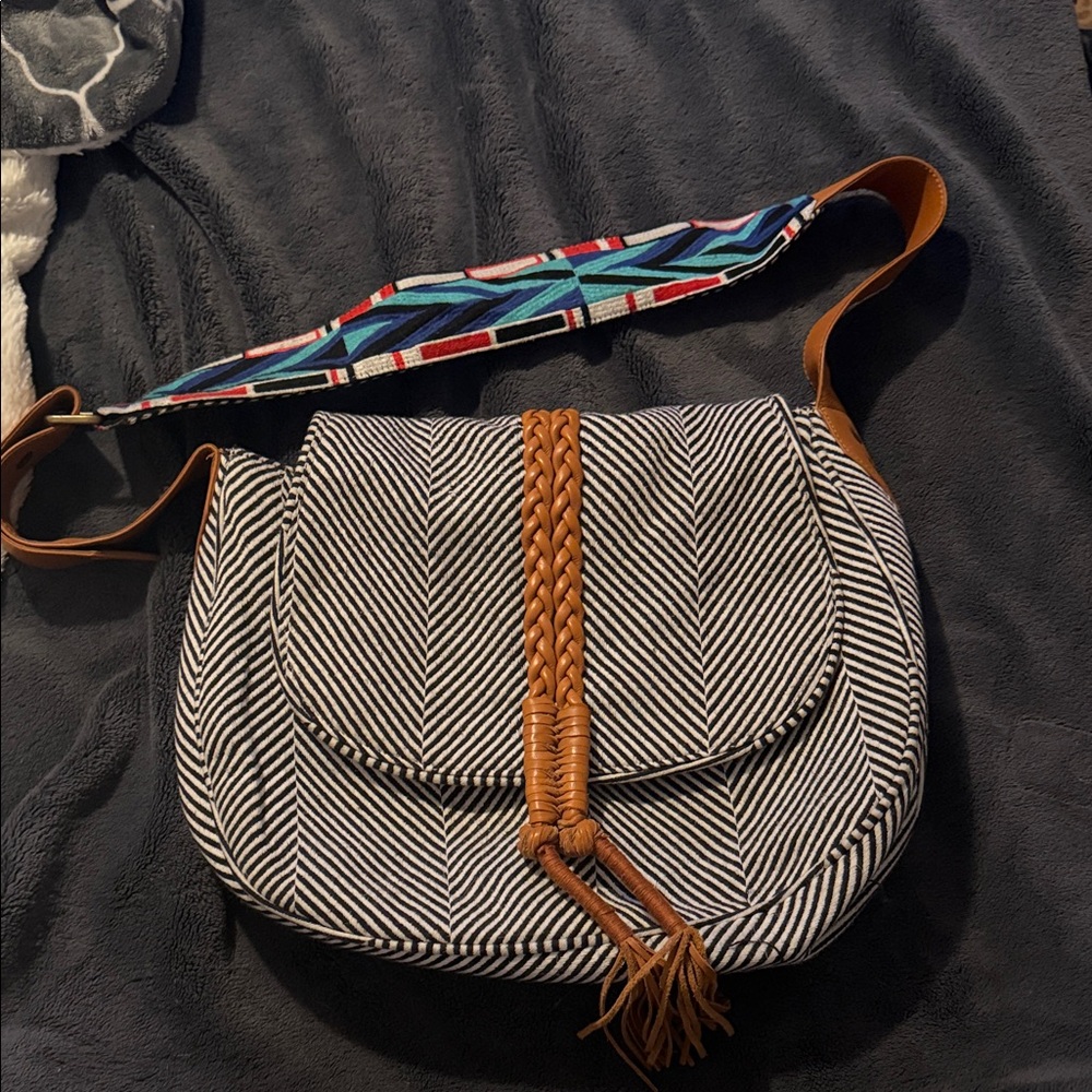 Noonday - Striped Canvas Crossbody Bag, with colorful strap